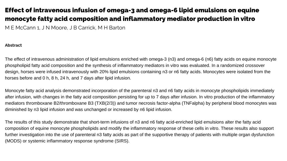 Supporting the Horse Immune System 12 Effect of intravenous infusion of omega-3 and omega-6